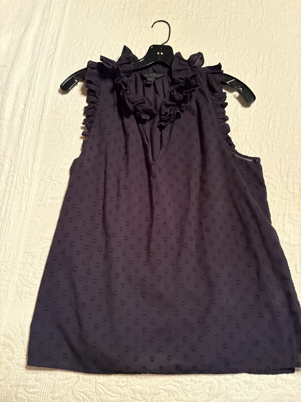 J Crew navy blu sleeveless ruffled blouse, size 12